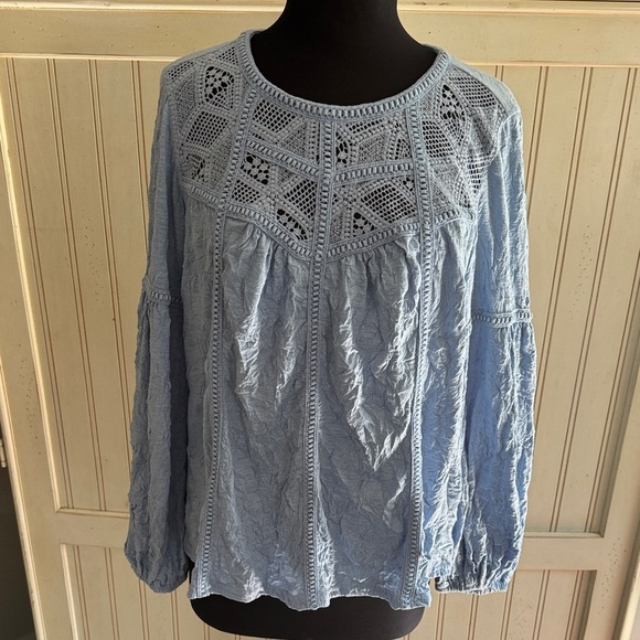 Sundance NWT Woman’s Crinkle Pullover Crochet Eyelet Long Sleeve Top - Picture 1 of 12
